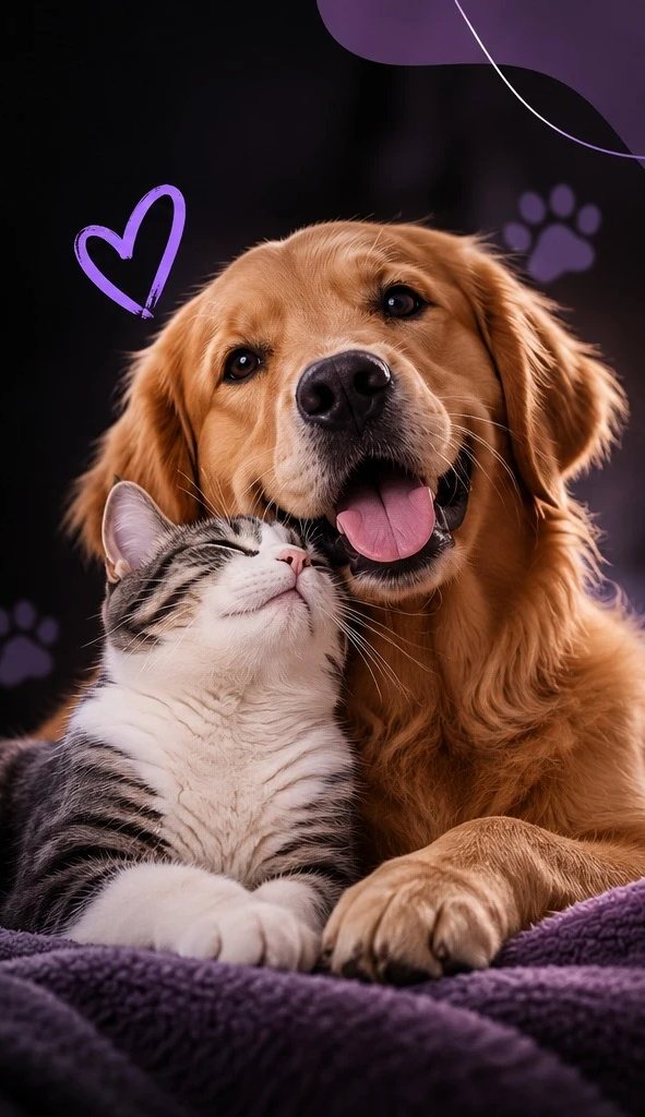 Un perro golden retriever y un gato abrazados